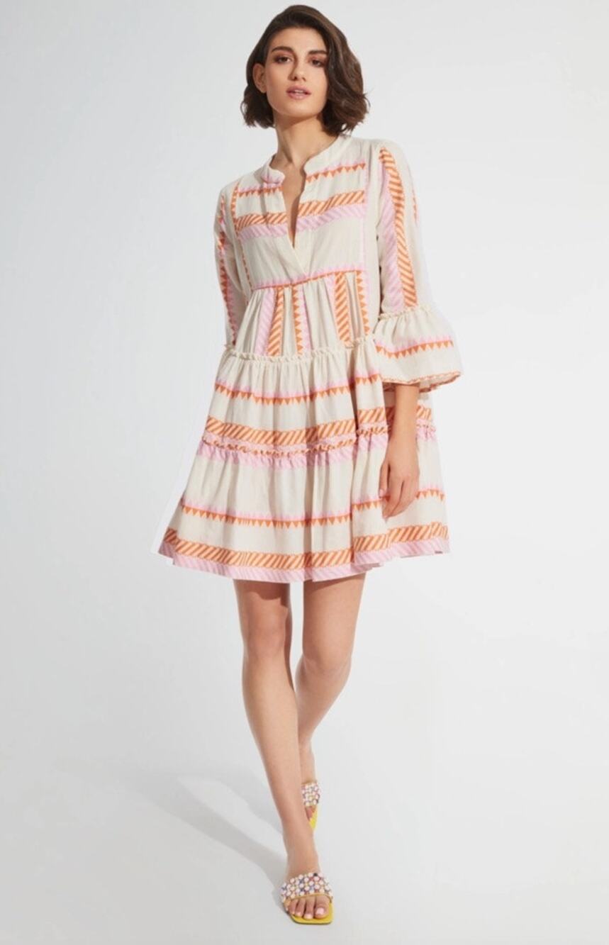 NWT Kasia Sifnos Ruffle Dress in Orange Pink Cotton Blend Womens Size Small
